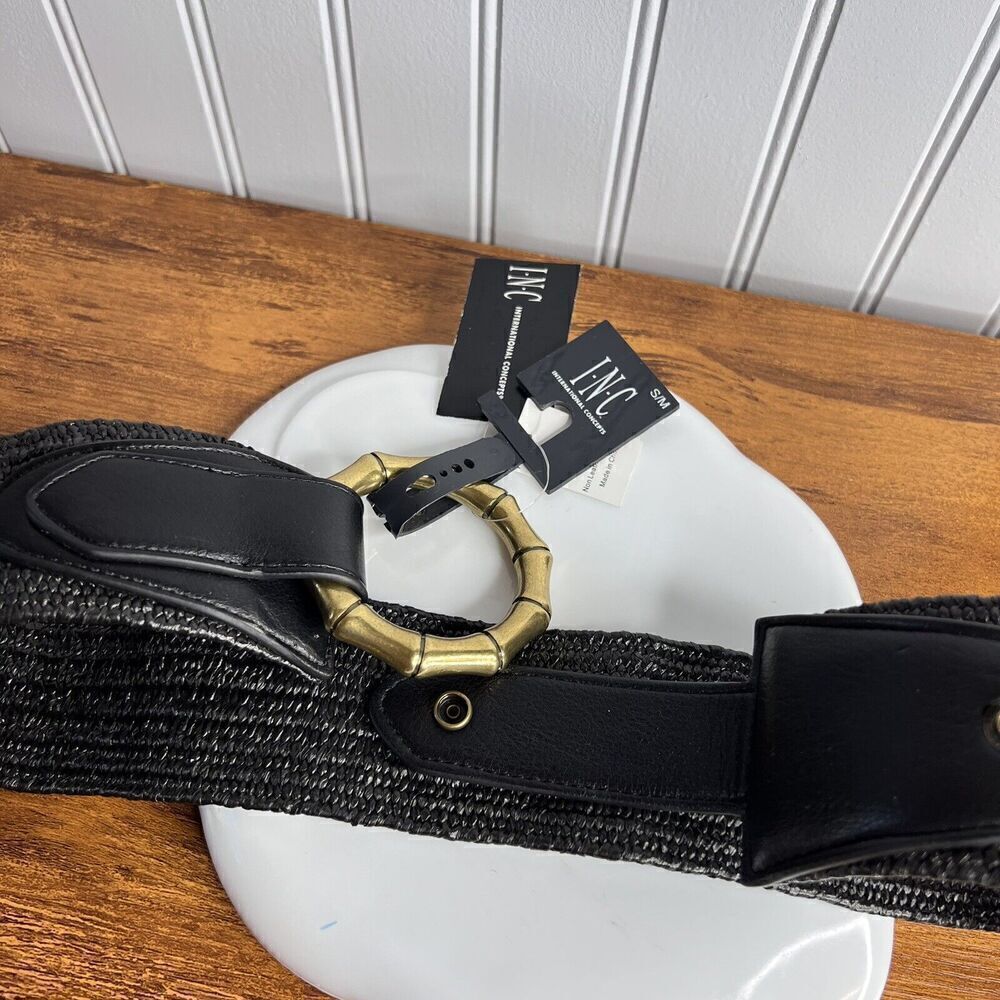INC Sz S-M Stretch Black Woven Womens Belt Gold Tone Bambo Buckle Boho NICE - Picture 5 of 8